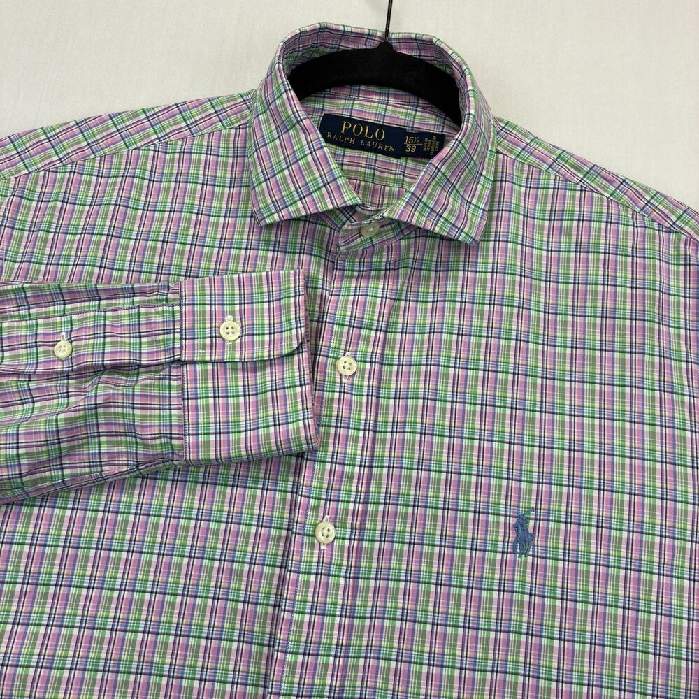 Polo Ralph Lauren Dress Shirt Men 15.5 39 Pink Green Plaid Long Sleeve Cotton